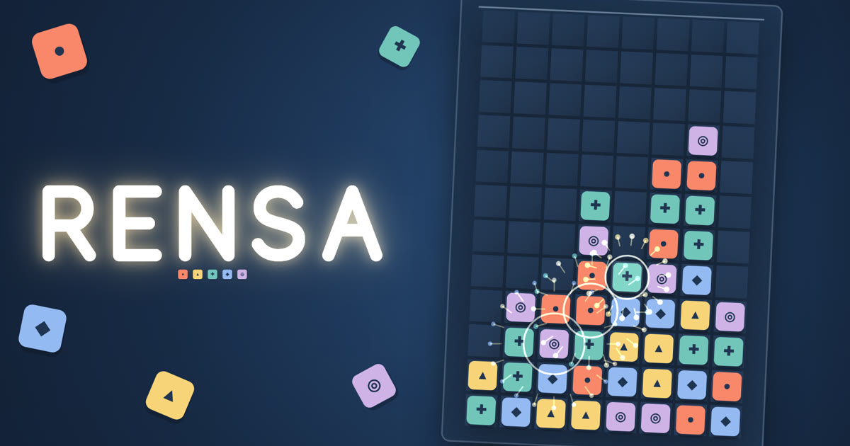 RENSA の盤面。色の違う四角いブロックが並び、連鎖で消えていく様子